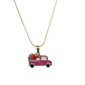 Pink Vintage Truck Heart Pendant Necklace 18” Gold Chain Love Jewelry